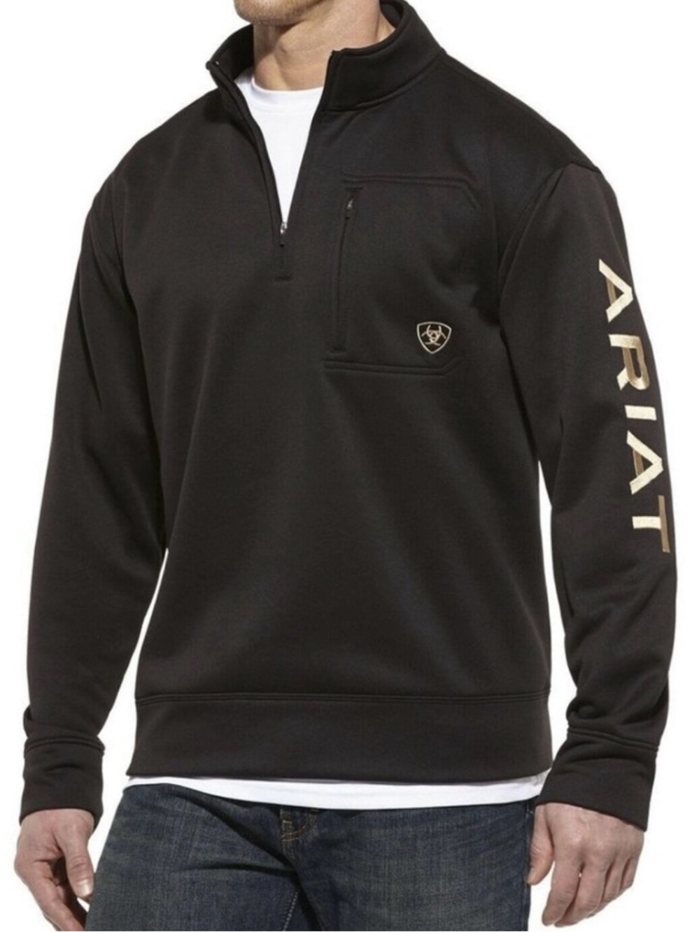 Ariat Tek Men's Team Logo 1/4 Zip Pullover in Black with Gold Logo Sz XL